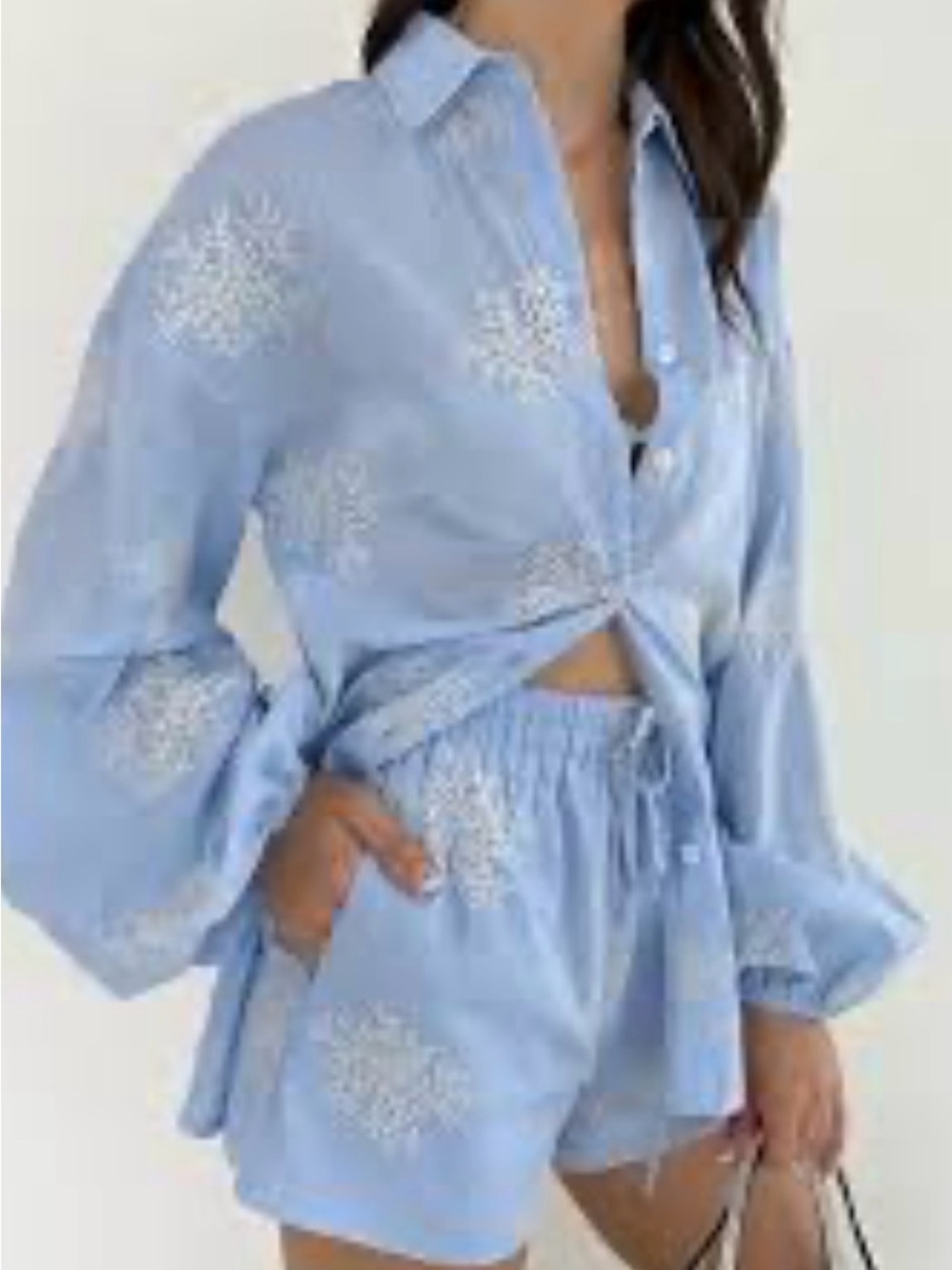 Commense Light Blue Embroidered High-Waist Shorts & Matching Shirt